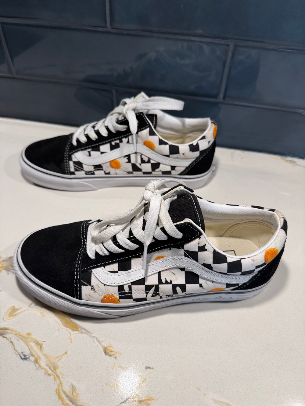 Vans Kids Black & White Checkerboard Sneakers with Orange Dot Accents